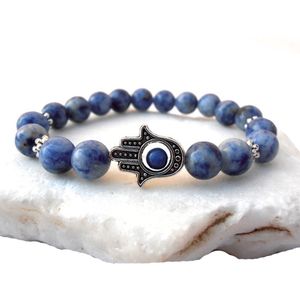 SN0578 Hamsa-Armband für Männer, blauer Jaspis, Meditationsarmband, Naturstein-Perlenarmband, Hamsa-Hand-Charm-Armband