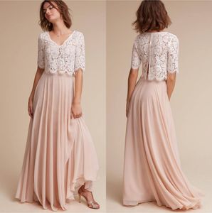 Cheap Two Pieces Lace Country Bridesmaids Dresses With Half Sleeves Chiffon Wedding Guest Dress Floor Length Junior Maid Of Honor Gowns