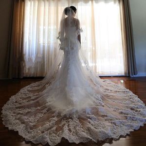 Elegant Cathedral Length Long Bridal Veil Three Layer Lace Applique Tulle Wedding Veils With Free Comb