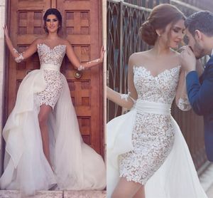 Arabi sexy abiti da sposa corti una linea illusione gioiello illusione maniche lunghe Appliques in pizzo hi lo -overkirts plus size abiti da sposa formali di dimensioni