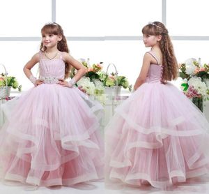 Pink Glitz Flower Girls Abiti bambino Ball Gowns Strap Kid Birthday Party Comunione Dress Back Lace Up Layers Girls Pageant Dress
