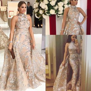Evening Dresses 2019 Yousef Aljasmi Dubai Arabic Prom Gowns Overskirt Detachable Train Champagne Mermaid Lace Party Dress High Neck