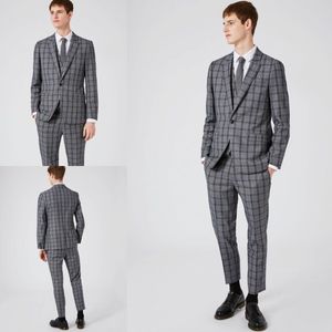 Mörkgrå Män Passar För Bröllop 2019 Fall Ny Ankomst Tre Pieces Tuxedo Glen Plaid Design Groom Casual Wear