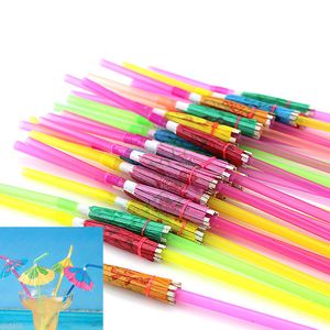 100pcs/ Pack Disposable Novelty Mixed Multicolor Hawaiian Cocktail Creative Umbrella Design Drinking Juice Straw Party Accessories