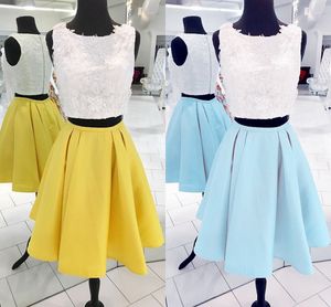 Fashion Two Piece Prom Dresses Crew Neck Sleeveless Lace Satin Knee Length Blue Yellow Party Dresses Short Homecoming Dresses