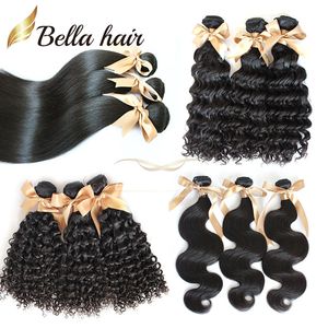 SPRZEDAŻ 9A Brazylijskie przedłużenia ludzkich włosów Pełna głowa wiązki Virgin Hair Weavves perwersyjna kręcona fala ciała prosta głębokie falujące wątek 3 wiązki remy hair bellahair