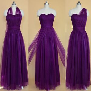 Gorgeous Convertible Bridesmaid Dresses Long Formal Purple Tulle Wedding Party Maid of Honor Gowns Sweetheart Neck Halter One Shoulder