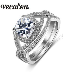 Vecalon 2016 novo design almofada corte 3ct simulado diamante cz anel de casamento conjunto para mulheres 10kt branco ouro cheio de banda de noivado
