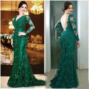 Sexy Głęboki V Neck Green Mermaid Formalne Prom Dresses Niski Back Lace Appliqued Zroszony Korant Sukienka Długie Rękawy Suknie Wieczorowe