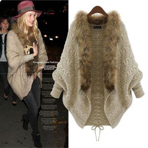 Oversized z dzianiny Sweter 2016 Nowa Moda Jesień Zima Kobiety Nietoperz Rękaw Faux Fur Neck Długi Kardigan Z Casual Płaszcz Kurtka