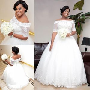 Nigeria Lace Off Shoulder Wedding Dresses Sheer Half Sleeves Beaded Lace Up Plus Size Bridal Gowns A Line African Wedding Vestidos
