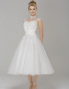 2016 New High Collar Lace A-Line Wedding Dresses With Applique Tea-Length Organza Plus Size Sexy Bridal Gowns Vestido De Novia W17