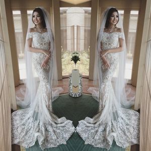 Vintage Off Shoulder Mermaid Wedding Dresses Full Lace Applique Beaded Trumpet Bridal Gowns With Detachable Train Luxury Wedding Dress