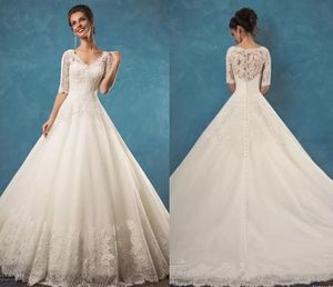 Vestidos de novia de encaje de manga media larga para novia 2024 con apliques con cuello en V y tren de corte Tullle vestidos de novia de talla grande