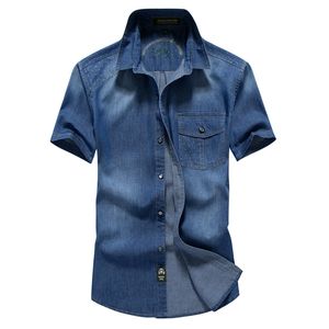 Wholesale-2016 Newest Summer Men's Fashion Denim Shirts Man Short Sleeve Navy Blue Plus Size XXXL 4XL Jeans Shirt