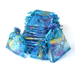 Blaue Organza Geschenk Taschen großhandel-Blaue Coralline Organza Kordelzug Schmuckverpackung Beutel Party Candy Hochzeitsbevorzugung Geschenk Taschen Design Sheer mit Vergoldung Muster x15 cm