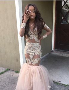 2016 Black Girl Prom Dresses Mermaid Style Gold Appliques Long Sleeves Evening Dress Saudi Arabia Tulle Sexy Girls Pageant Dress