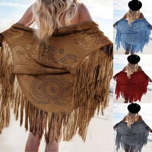 New Fashion Women Floral Camel Suede Hollow Out Fringed Shawl Scarves Poncho Tassel Jacket For Ladies