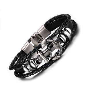 2016 New Genuine Leather Strips String Weave Alloy Vintage Bracelet Boat Anchor Buckle Charm Bangle Men Jewelry Trendy Jewellery Black 21cm