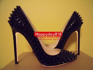 Casual Designer sexy lady fashion women shoes black patent leather spikes rivets pointy toe stiletto stripper High heels Prom Evening pumps large size 44 12cm