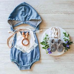 Wash blue baby rompers with cap mock denim newborn babies one-piece clothes toddler fashion jumpersuits kids infant cotton romper