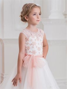 Платья розового цветка девушки для свадебных кружева аппликация ruffles детская формальная одежда без рукавов длинная пляжная девочка Pageant