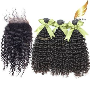 Malaysian Hair Closure Virgin Human HairWeaves Curly HairBundles With Lace Closure(4x4) Natural Color 4pcs lot Bellahair