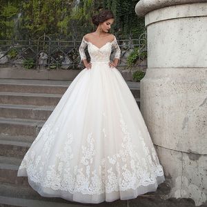 Elegant Wedding Dresses with Appliques Sweetheart Three Quarters Sleeves Floor Length Bridal Gowns Vestido De Novia