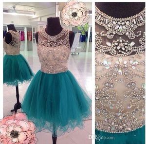 New Sexy Short Homecoming Dresses Jewel Illusion Neck Teal Hunter Tulle Crystal Beaded Prom Party Dress Graduation Formal Cocktail Gowns