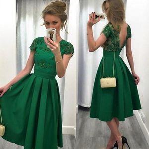 Graceful 2016 Dark Green Satin Lace Applique Tea Length Homecoming Dresses Cheap Sexy Backless Short Sleeve Beaded Ruched Party Gowns EN9024