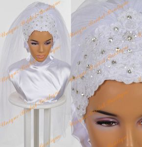 2016 Bridal Hijab with Crystals Rhinestones and Lace Appliques Details Real Pictures Pearls White Muslim Wedding Veils Custom Made