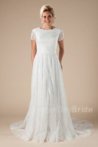 A-line vintage koronkowe długie skromne sukienki ślubne z krótkim rękawem guziki tylne boho lds sondy ślubne