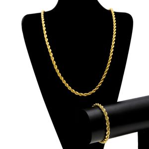 Men Hip hop Rope Chain bracelet set 18K Gold Rhodium Plated Necklace Chunky Punk Jewelry