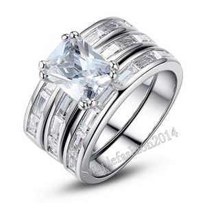 Joias de casamento de noivado de moda feminina 10KT com preenchimento de ouro branco quadrado simulado diamante CZ anéis de pedras preciosas conjunto para mulheres 3 em 1