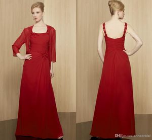 Röd lång mor till bruden / brudgummen klänningar med jacka / bolero chiffon spaghetti elegant veck pärlstav pärlor kvinnor formell kvällsklänning 2021