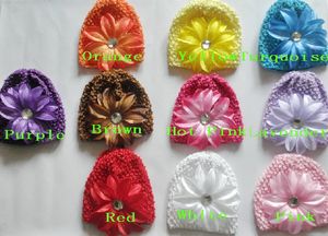 50 sztuk Wafel Wafel Caps Crochet Hair Flower Clips Beanie Z Lily Piwonia Daisy Kwiat Dziewczyna Toddler Stretch Caps MZ9111