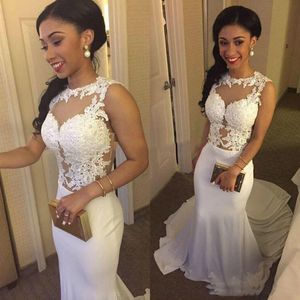 New Mermaid Wdding Dresses Illusion Neck White Lace Appliques Spandex Sheer Back Court Train Plus Size Formal Party Dress Wed Gowns