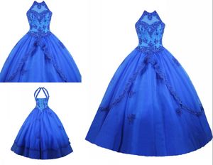 Vestidos de quinceanera klänning hög nacke kunglig blå maskerade boll klänningar tulle applique sequined keyhole back prom sweet 16 klänningar