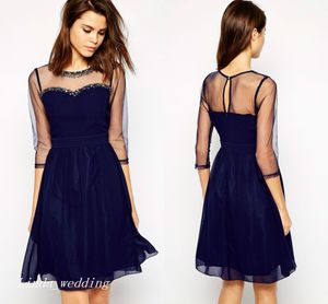 Cute Dark Navy Niebieski Krótki Prom Sukienka Sheer Zroszony Szyfonowy Midi Specjalne okazja Koktajl Dress Evening Party Dress Women Wear