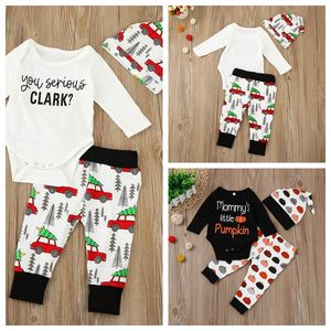 Baby Xmas Halloween pumpkin outfits kids car Christmas tree print hat+romper+pants 3pcs/set children cotton suits 3 Styles