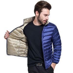 Atacado - desgaste de dois lados pato para baixo jaqueta homens 90% conteúdo fino ultra iluminar jaqueta de inverno manga comprida casaco de inverno sólido moda bolso