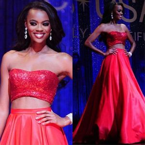 Negerian Style Two Piece Red Prom Dresses Sequined Top Satin Skirt African Special Occasion Party Gowns Cheap Formal Evening Dresses