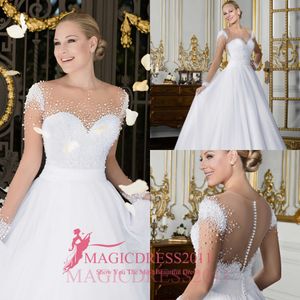 Vestidos de Noiva A linha de vestidos de casamento Ilusão Sheer vestidos de manga comprida Jewel Neck frisada Pérolas Garden Vintage País Brasil nupcial