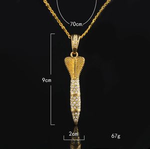 Bling Bling Gold Color Rhinestone Iced Out Military Rocket Arrow Dart Pendant Necklace Hip Hop Style Rapper Jewelry