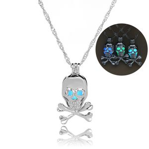 Fashion glow in the dark Skull pendant necklaces Hollow luminous pearl cage Lockets Skeleton Charm necklace For women s Halloween Jewelry