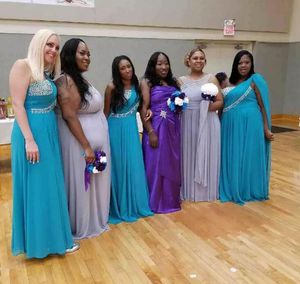 Verkliga bilder Country Bridesmaids Dresses One Shoulder Sexy Sequins Purple Teal Blue Bridesmaid Prom Party Gowns Bröllop Gästklänningar