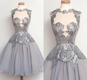 Short Elegant Prom Dresses Jewel Sheer Neck With Lace Silver Applique Evening Gowns Back Zipper Knee-Length Custom Made Cocktail Dress 2016