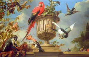 Pittura a olio dipinta a mano, qualità museale, dimensioni multiple, bellissimi uccelli volanti con frutta, uva e scimmia nel paesaggio