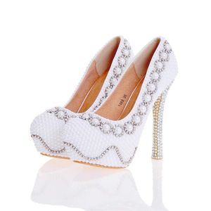 Designer de sapatos de pérola em branco e festa de casamento de marfim sapatos de salto alto com strass de prata Bombas de baile de luxo mais tamanho