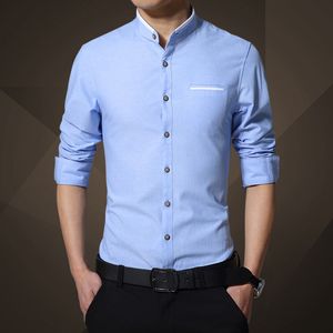 Partihandel - Mens Solid Färgskjorta 2017 Vår Business Casual Long-Sleeve Shirt Male Slim Fashion Stand Collar Shirt Varumärke Kläder 4XL 5XL